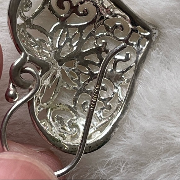ATI BR TH | Silver Plated Heart Hollow Filigree Style Drop Wire Ear Hoops - Picture 2 of 10
